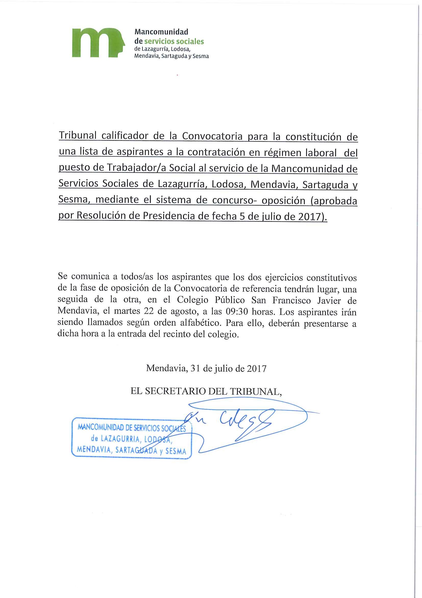 LOS DOS EJERCICIOS DEL CONCURSO-OPOSICIÓN PARA LA LISTA DE TRABAJADOR SOCIAL SERÁN EL MARTES 22 DE AGOSTO