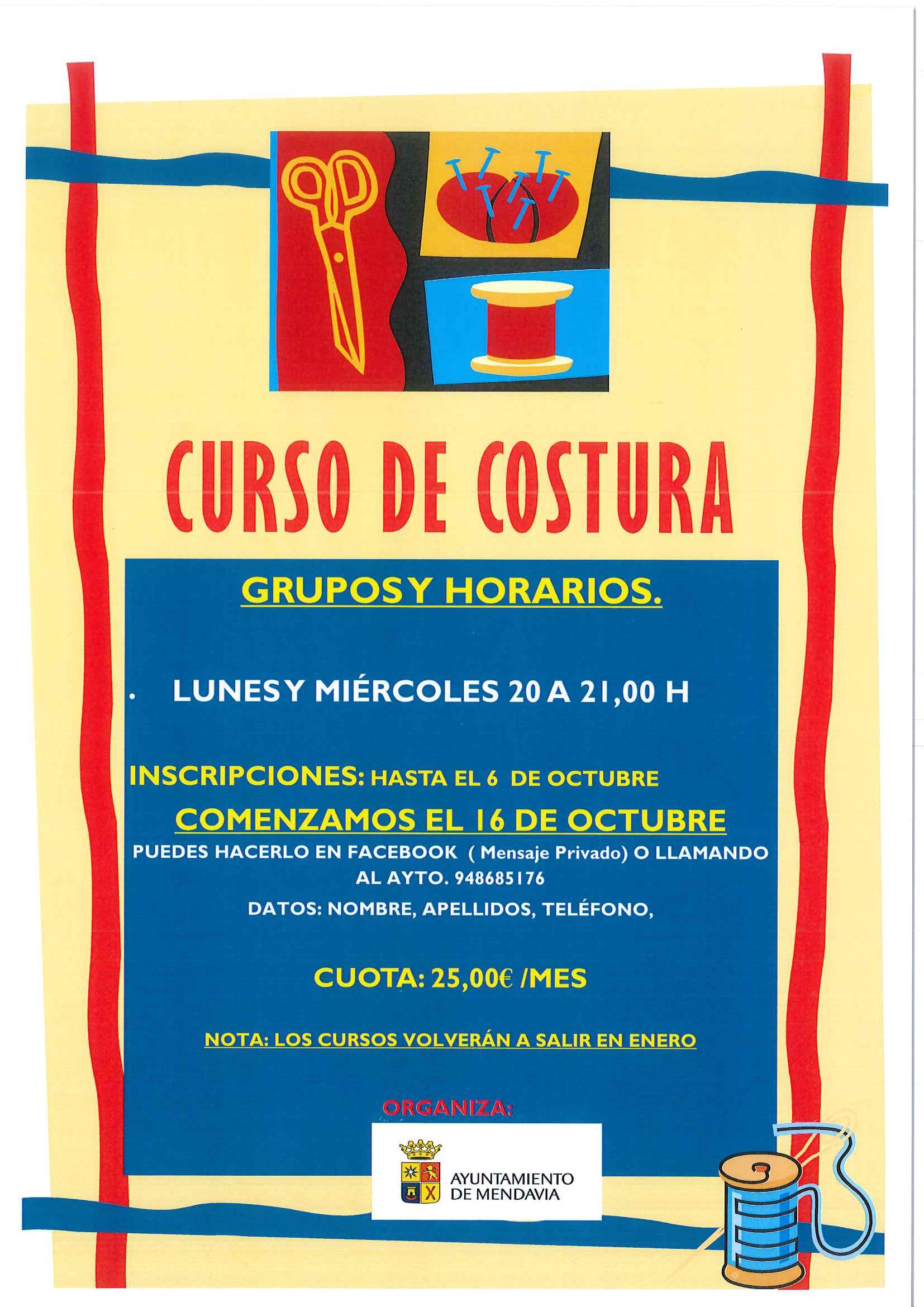 LAS INSCRIPCIONES PARA EL CURSO DE COSTURA SE PODRÁN REALIZAR HASTA EL 6 DE OCTUBRE LAS INSCRIPCIONES PARA EL CURSO DE COSTURA SE PODRÁN REALIZAR HASTA EL 6 DE OCTUBRE