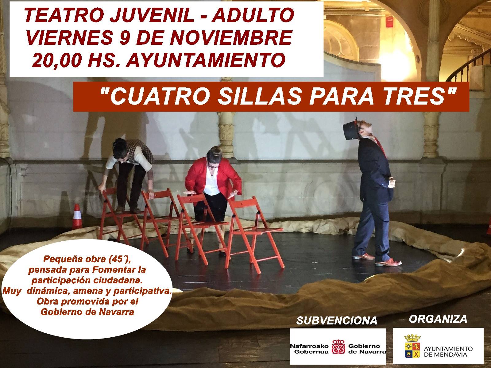 TEATRO JUVENIL-ADULTO CON LA OBRA ‘CUATRO SILLAS PARA TRES’ TEATRO JUVENIL-ADULTO CON LA OBRA ‘CUATRO SILLAS PARA TRES’
